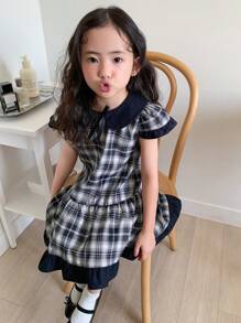 DAZY Young Girls' Plaid Bow Decor Ruffled Hem Cute Dress - Navy Blue - View 3
