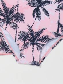 Baby Girl Palm Tree Print Strap Romper Swimsuit & Kimono Cover Up (Random Floral Print On Back)