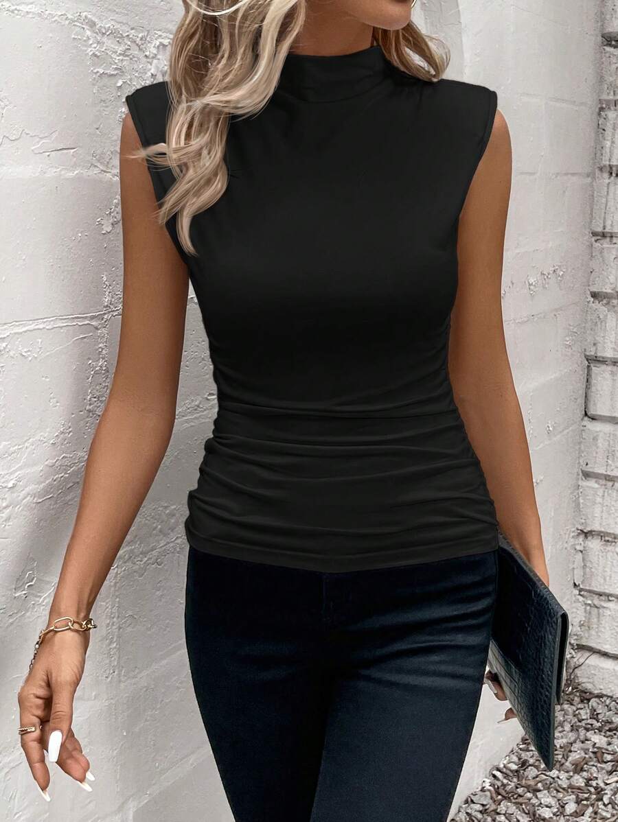 SHEIN Clasi Plus Size Solid Color Ruched Slim Fit Stand Collar Camisole - Black - View 1