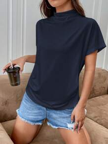 SHEIN Essnce 女士纯色短袖 T 恤，简约风格休闲日常穿着 - 藏蓝色 - 查看 4