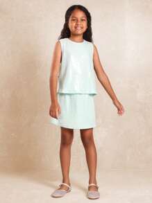 SUMWON Festive Holiday Party Two Piece Sleeveless Sequin Tank Top And Skirt Set With Bow Detail Designer Fashion Party Wear - Mint Green - View 8