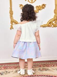SHEIN Elegant Floral Pattern Ruffle Hem Skirt & Top Set, For Baby Girls Summer - Mauve Purple - View 2