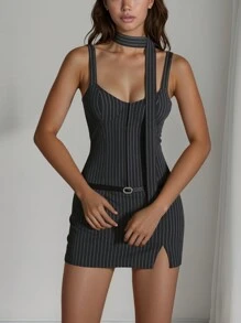 SHEIN ICON Vestido casual con tirantes de espagueti a rayas, con cinta, minimalista y de moda para uso diario para mujeres de oficina