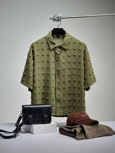 Forever 21 Men's Boxy Oversized Cropped GEOMETRIC JACQUARD SHIRT In Green