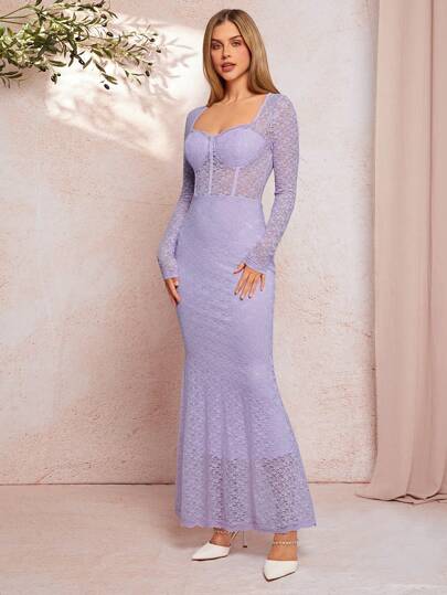 SHEIN Clasi 女士优雅紫色蕾丝方领鱼尾下摆长袖连衣裙，适合派对、聚会和休闲穿着的时尚