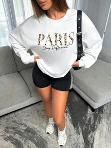 SHEIN Essnce Sudadera con capucha casual para mujer con estampado de leopardo, letra de París y manga larga, adecuada para otoño/invierno