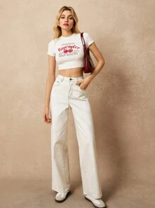 Poéselle 女式简约前扣口袋牛仔裤、白色牛仔裤、女式牛仔裤、女式裤子、女式宽松牛仔裤、高腰牛仔裤、日常休闲装 - 白色 - 查看 6