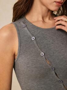 Poéselle Parte superior tipo tank de mujer informal de punto elástico con ajuste ceñido, cuello redondo, diseño con abertura, botones delanteros y unicolor, top de primavera para mujer