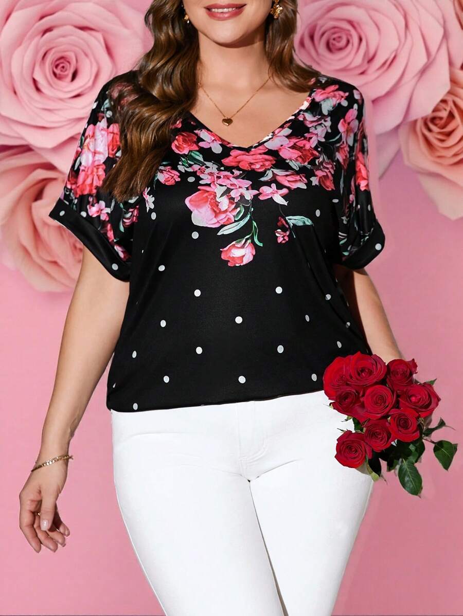 EMERY ROSE 大码女式花卉印花蝙蝠袖情人节 T 恤，女士夏季服装 - 彩色 - 查看 1