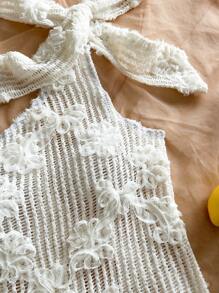 Soleia Women's Vacation Crochet Knit Hollow Textured Fabric One Shoulder Bowknot Cinched Waist Ruffle Hem Mini Dress, Suitable For Beach, Cruise, Party, Dates, Afternoon Tea, Music Festival, Summer - Apricot - View 3