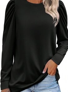 女士休闲纯色泡泡袖 T 恤 - 黑色 - 查看 3