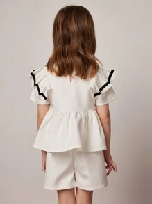 PrepCrw 少女学院风白色编织领上衣和短裤套装，春夏 - 白色 - 查看 2