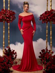 Glamrae Elegante y lujoso vestido largo tipo sirena con mangas largas elásticas de punto fruncido y contraste de color metálico, vestido ideal para invitadas de boda, apto para bodas, fiestas, vacaciones, galas, eventos de noche y vestidos formales - Rojo - Ver 4
