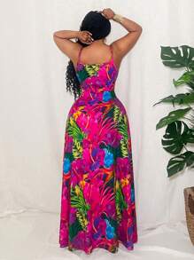 Slaydiva Plus Size Summer Tropical Floral Print Spaghetti Strap High Slit Dress - Multicolor - View 2
