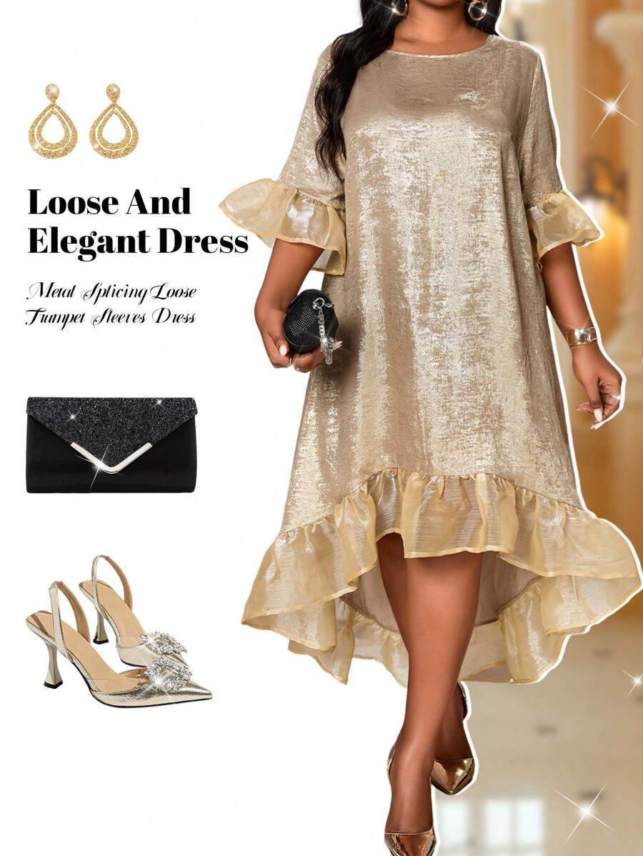 SHEIN Lady 春夏秋冬休闲优雅派对金色编织圆领喇叭袖中长七分袖大码连衣裙