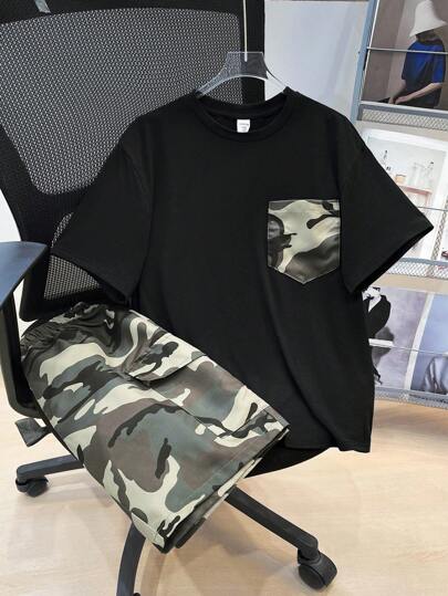 SHEIN Leap Crew 2pcs Tween Boy Casual Camouflage Pattern Contrast Color Pocket Short Sleeve T-Shirt And Shorts Set, Suitable For Commute, School, Daily Casual, Sports, Spring/Summer