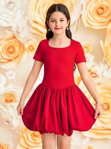 Tween Girls' Casual Patchwork Round Neck Short Sleeve A-Line Dress