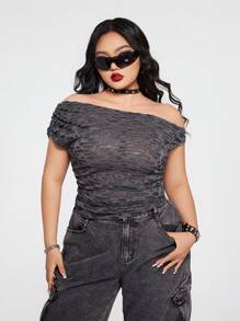 SHEIN ICON Plus Size Punk Style Oblique Shoulder Burnout T-Shirt, Minimalist Fashion Casual Everyday Wear