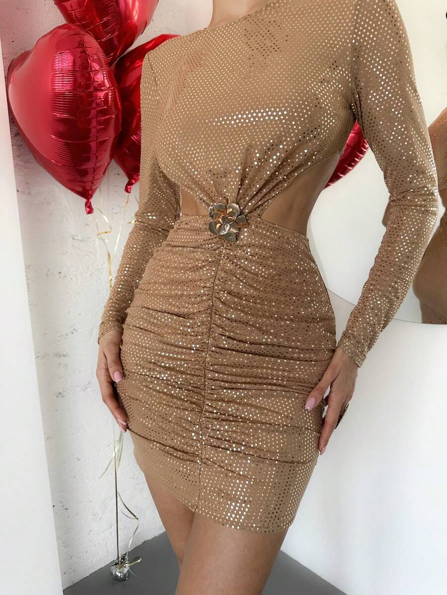 Firerie 女士优雅浪漫时尚通勤性感优雅风格连衣裙，适合派对、圣诞派对、度假、返校、浪漫约会、婚礼、生日、闪亮褶皱长袖针织连衣裙