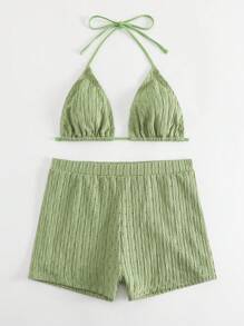 SHEIN Swim 2 件套纹理纯色吊带泳衣上衣和短裤性感比基尼泳装套装，适合夏季海滩度假 - 薄荷綠 - 查看 6