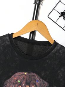 2 件套 Tween Boy 街头服饰卡通印花针织牛仔休闲上衣和短裤套装，时尚百搭，2025 年春夏新款日常必备服装 - 黑色 - 查看 4