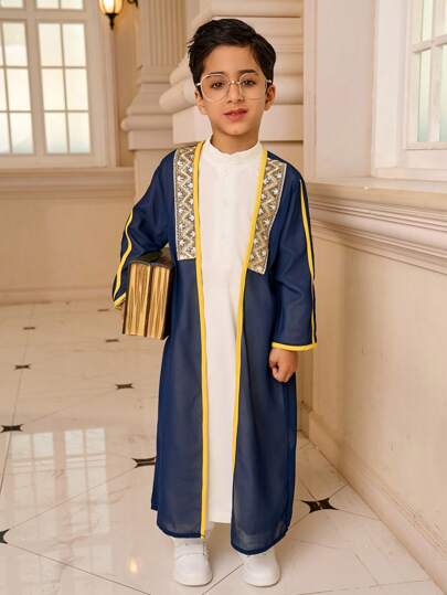 2pcs/Set Young Boy Long Sleeve Mesh Outerwear & Long Sleeve Half-Open Collar Shirt Set