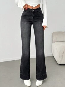 EURMUSE Casual Washed Low Waist Slim Fit Flared Jeans - Black - View 6