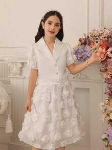 青少年女孩仿珍珠纽扣领泡泡袖衬衫和刺绣裙子 2 件套 - 白色 - 查看 4