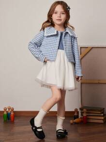 PrepCrw Young Girls' Blue & White Houndstooth Knit Jacket And Dress 2 Pieces Set, Spring/Summer - Blue - View 4