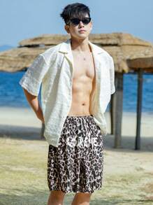 DAZY 男士字母豹纹沙滩短裤，夏日假日风格