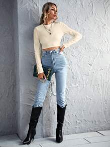 Firerie Women Solid Crew Neck Long Sleeve Cut-Out Back T-Shirt