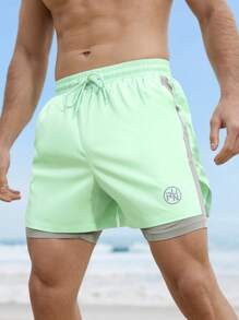 Surfspeed Men's Letter Print Drawstring Waist Loose Beach Shorts Men Swim Trunks - Mint Green - View 3