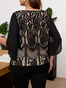 SHEIN Frenchy 大码优雅简约浪漫蕾丝雪纺拼接女式衬衫，适合办公室、约会、派对、春夏新品 - 黑色 - 查看 2