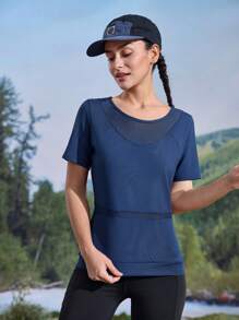 Solid Color Mesh Splice Short Sleeve Sports Fitness T-Shirt - Blue - View 1