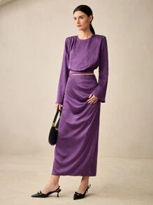BizChic Chân váy dài xếp ly thanh lịch màu trơn cho nữ - Màu tím - Xem 2