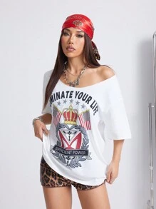SHEIN EZwear 女士春夏日常街头风复古图案露肩 T 恤 - 白色 - 查看 3
