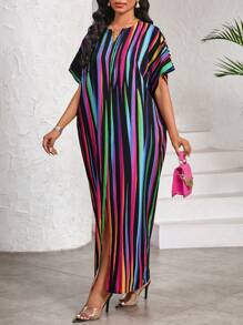 SHEIN Lady Elegant Casual Work Party Color Stripes Print V Neck Slit Butterfly Sleeve Women Dresses Long Dress - Multicolor - View 5