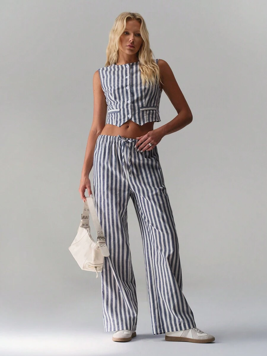TRNVIE Retro Striped Linen Vest + Wide Leg Pants 2 Pieces Set - Blue - View 1