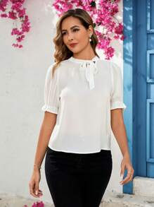 SHEIN Clasi Casual Solid Color Puff Sleeve Tie Neck Blouse - White - View 7