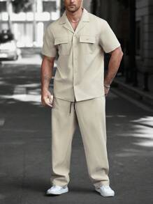 Manfinity CasualCool Plus Size Men 2pcs/Set Solid Color Short Sleeve Pocket Shirt And Pants Suit - Apricot - View 3