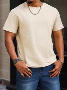 Manfinity Homme Plus Size Men's Casual Solid Color Textured Short Sleeve T-Shirt - Apricot - View 4