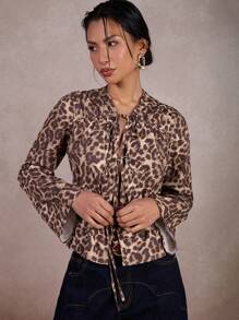 COSMINA Women Leopard Print Long Sleeve Front-Tie Shirt - Multicolor - View 4