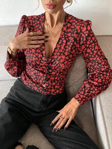 SHEIN Frenchy Women's Heart Print Long Sleeve Slim Fit Fashion Shirt,Romantic And Elegant Valentine's Day, Black, Red And Black, Heart-Printed Shirt, Puff Sleeves, Waist, Breast Cup, Elegant Spring/Summer Winter Casual - Multicolor - View 4