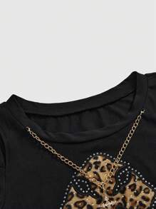 ROMWE Grunge Punk Vintage Sexy Open Shoulder Leopard Print Cross Rhinestone Tee With Chain Decor For Women