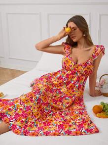 SHEIN VCAY Women's Vacation Casual Short Ditsy Floral Mid-Length Dress,Elegant - Orange - View 1