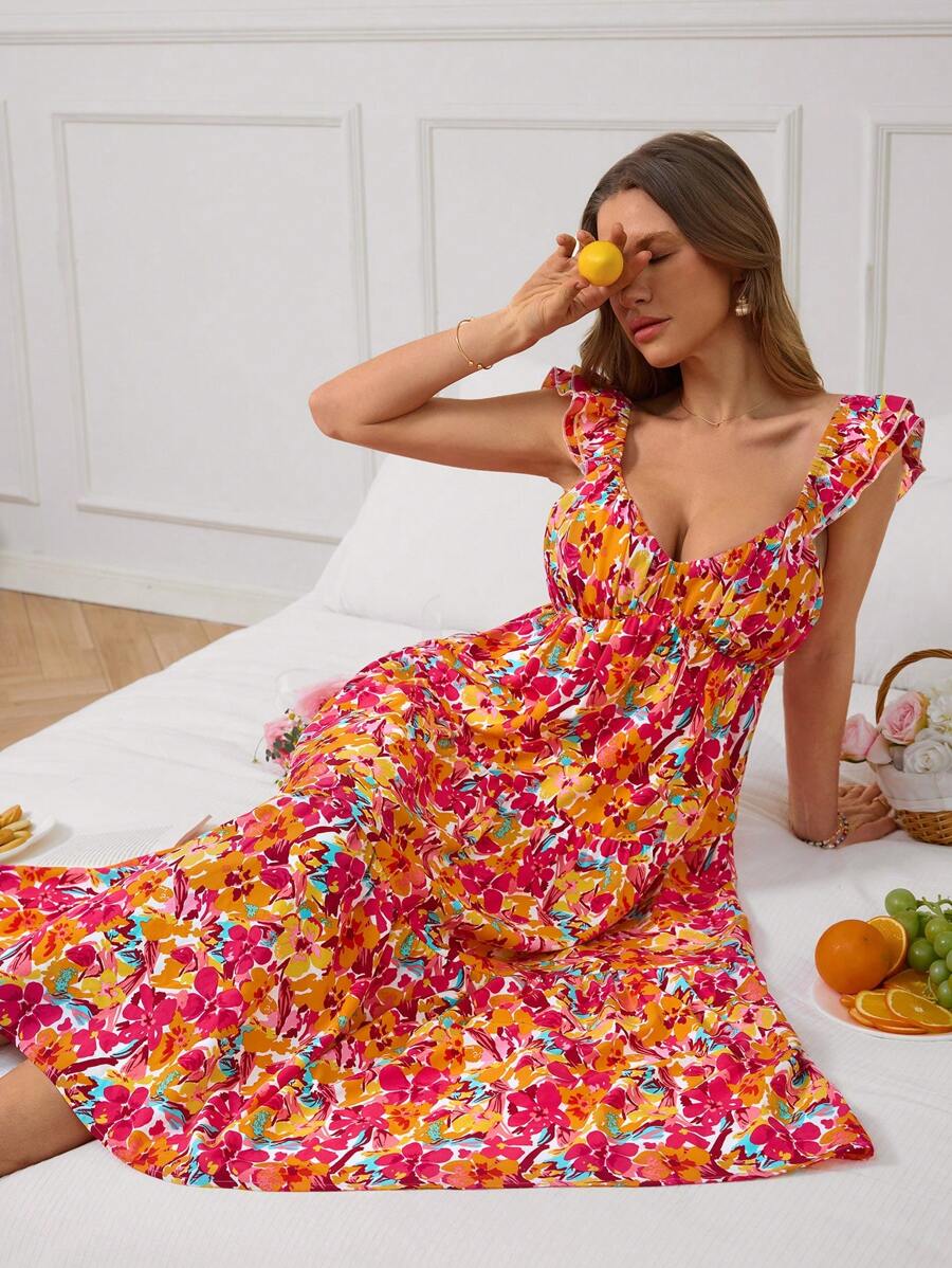 SHEIN VCAY Women's Vacation Casual Short Ditsy Floral Mid-Length Dress,Elegant - Orange - View 1