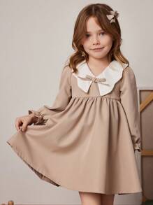 PrepCrw Young Girls Loose Khaki Color Contrast Collar Summer Dress