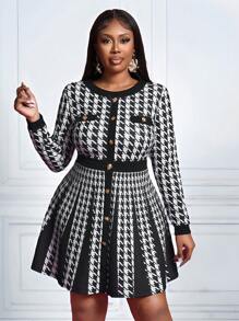 Slaydiva Elegant Fashion Plus Size Women Houndstooth Print Long Sleeve Ruffle A-Line Bodycon Dress,Graduation Dress