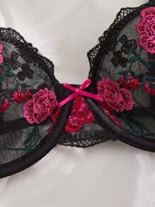 2pcs Women Black & Burgundy Floral Embroidery Lingerie Set