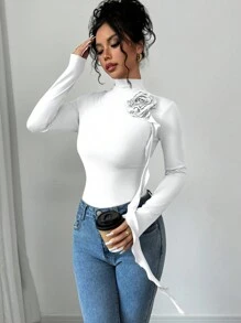 Firerie 女士亚麻色高领长袖花卉 3D T 恤